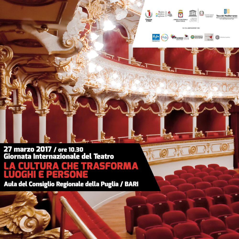 TeatroPubblPugl's tweet image. 27/03 - Giornata Internazionale del #Teatro - Appuntamento a #Bari dalle 10.30, Aula del Consiglio Regionale della Puglia.