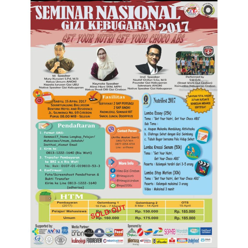 Guys tau gk siih di cirebon ada seminar gizi nasional. Ada sertifikat 2 SKPnya lohh dr PERSAGI dan ANOKI.  More info:  IG @himagizicirebon