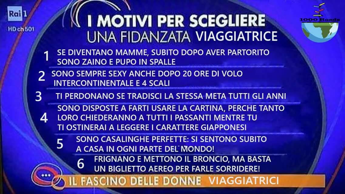 1000roadsTW's tweet photo. I motivi per scegliere un #fidanzataviaggiatrice #parliamonesabato #compagnidiviaggio https://t.co/yjDnlSNfnL