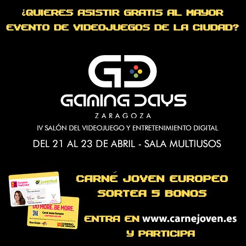 [SORTEO] Gana uno de los 5 bonos para el evento <a href="/GamingDays40/">Gaming Days</a> en Zaragoza del 21-23 de abril en el <a href="/AuditorioZGZ/">Auditorio de Zaragoza Princesa Leonor</a> >> bit.ly/2ne7S2i