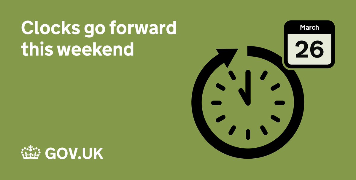 British Summer Time starts this weekend. Don’t forget to put your clocks forward 1 hour: gov.uk/when-do-the-cl…