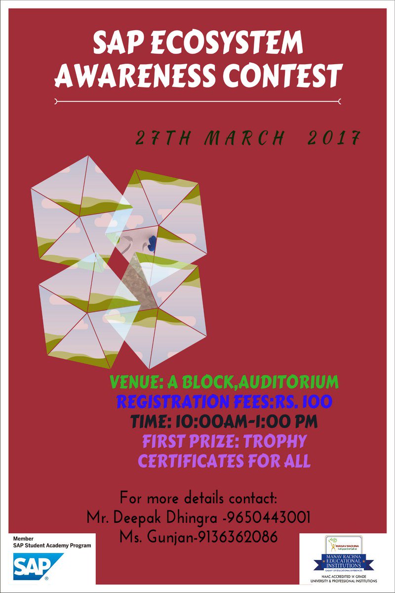 manav_rachna's tweet image. #SAP #EcosystemAwareness #Contest, March 27 at #ManavRachna Campus, Block A Auditorium.
To know more: goo.gl/ndMzN8