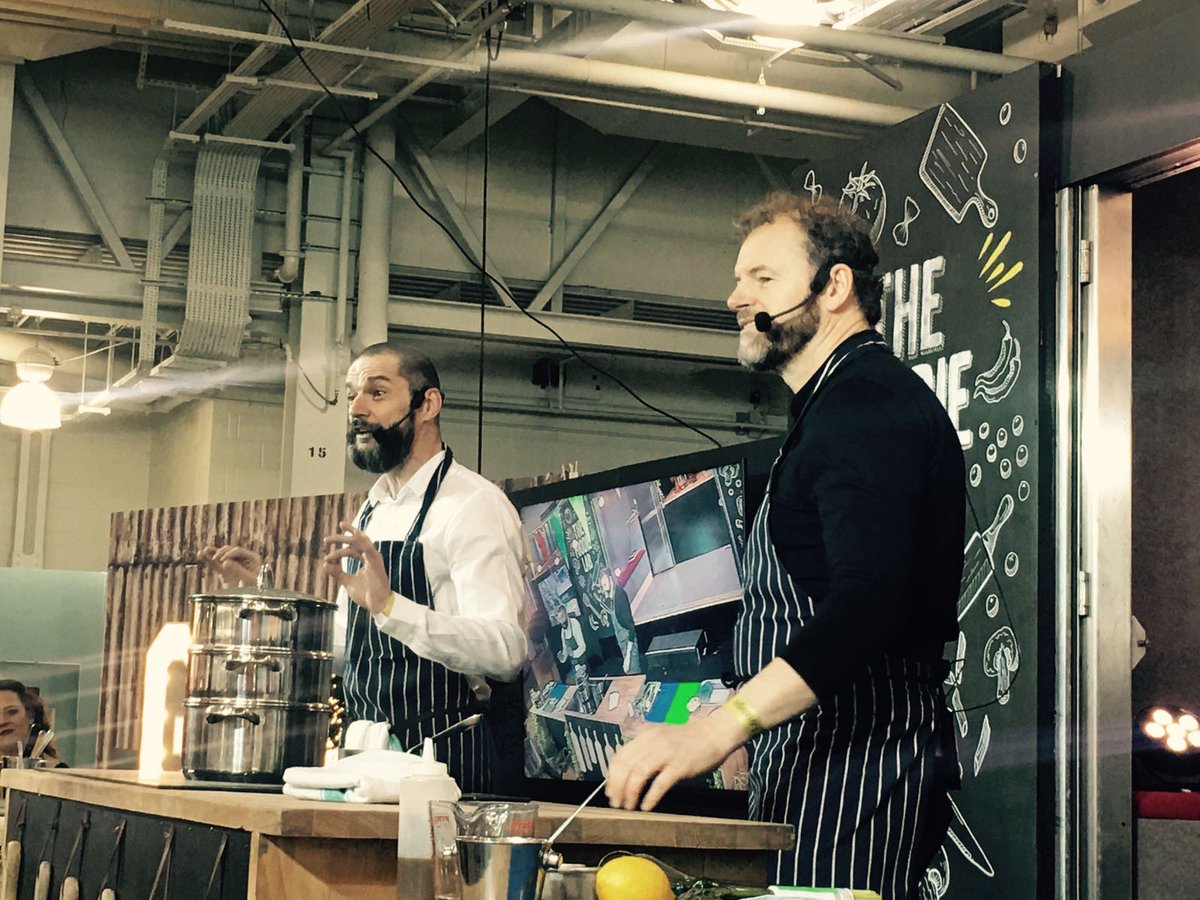 Galvin_brothers's tweet photo. The dream team in action: @ChrisGalvin8 and @fredsirieix1 demonstrating at @ideal_home_show - see them again on the 30th! #TheFoodieLab https://t.co/mITxVn6jJH