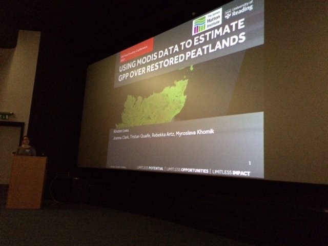 JamesHuttonInst's tweet photo. Congrats to our PhD student Kirsten Lees on winning 1st prize at #flowsconf for her talk on use of #MODIS to study #peatlands - well done! https://t.co/5BXNzKdvwn