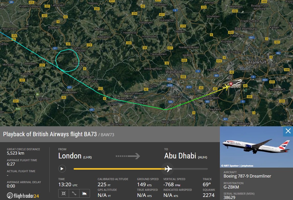 AirportWebcams's tweet photo. #BA73 London Heathrow-Abu Dhabi (787-9 G-ZBKM) diverted to Frankfurt @ 1320UT due fumes in the cabin. New ETD 2100UT https://t.co/WG3x1ljcvY https://t.co/X80U26JZmv