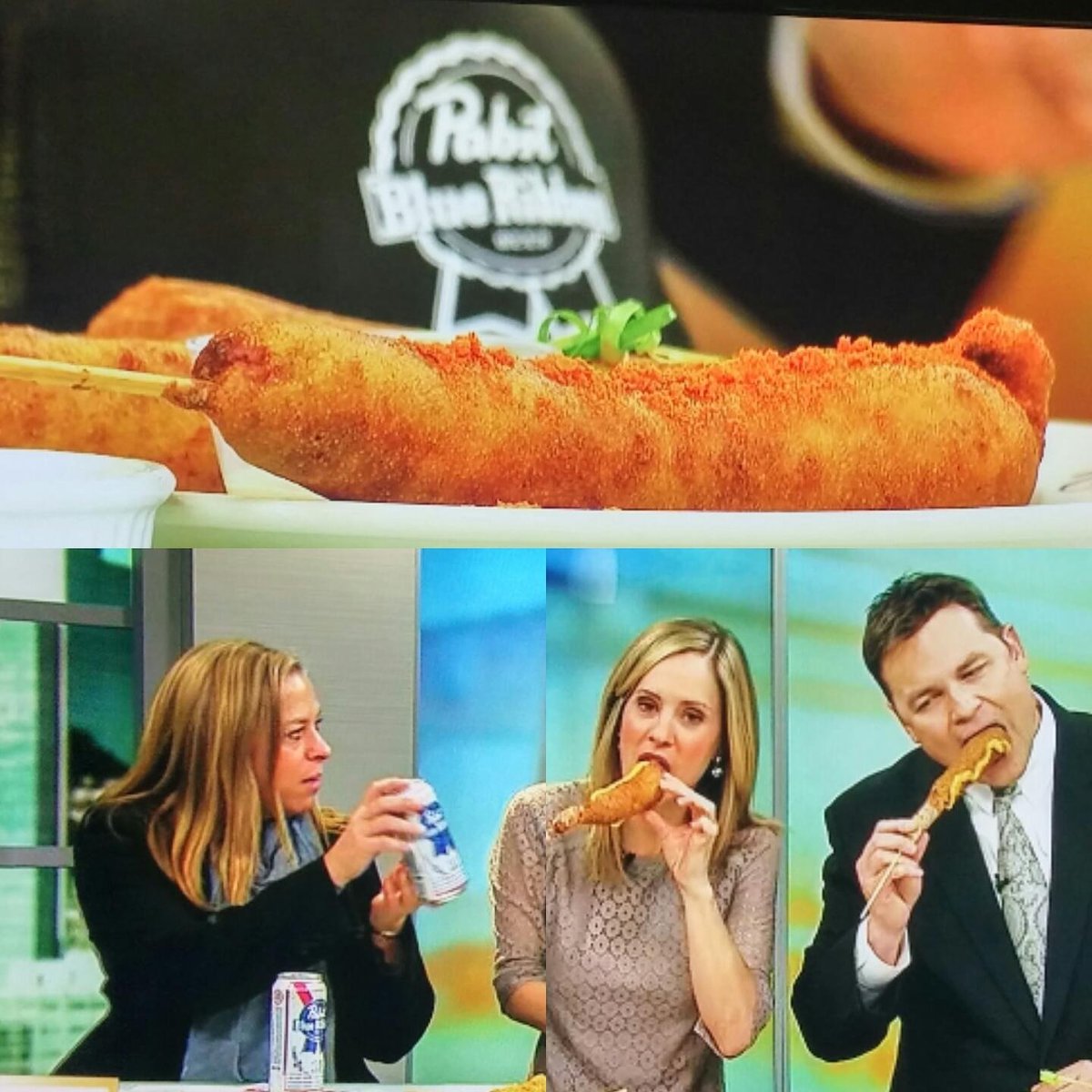pabstTC's tweet photo. Hey, thanks #fox9buzz &amp; @stephmarch for repping #PBR &amp; #corndogappreciation2017 today! https://t.co/QeuBhJTAaC