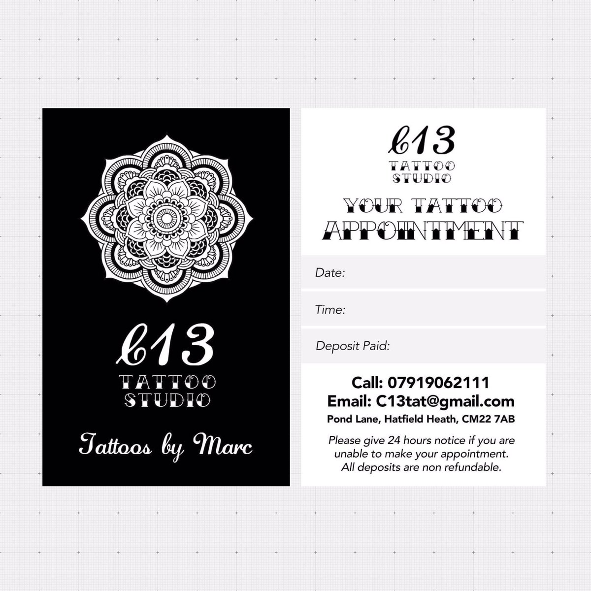 RandomRecordUK's tweet photo. Some cool new appointment cards Designed &amp; Printed for @C13TattooStudio in Hatfield Heath. https://t.co/d2YquRb54W