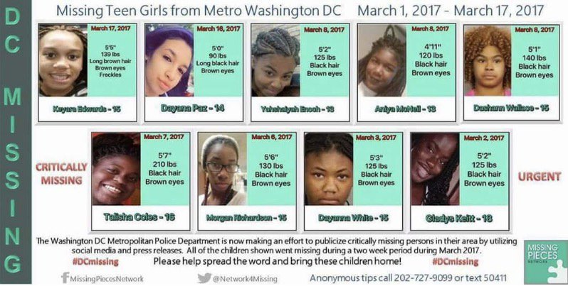 Preach_Love's tweet photo. 14 girls have been reported as missing in the last 24 hours in DC. 
#blacktwitter #BREAKING 
please boost &amp; share. https://t.co/4A7xZS55lb