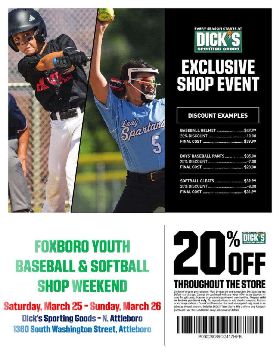 This weekend save 20% off throughout the store at Dick's Sporting Goods! Print the flyer attached and bring it with you to get the discount.