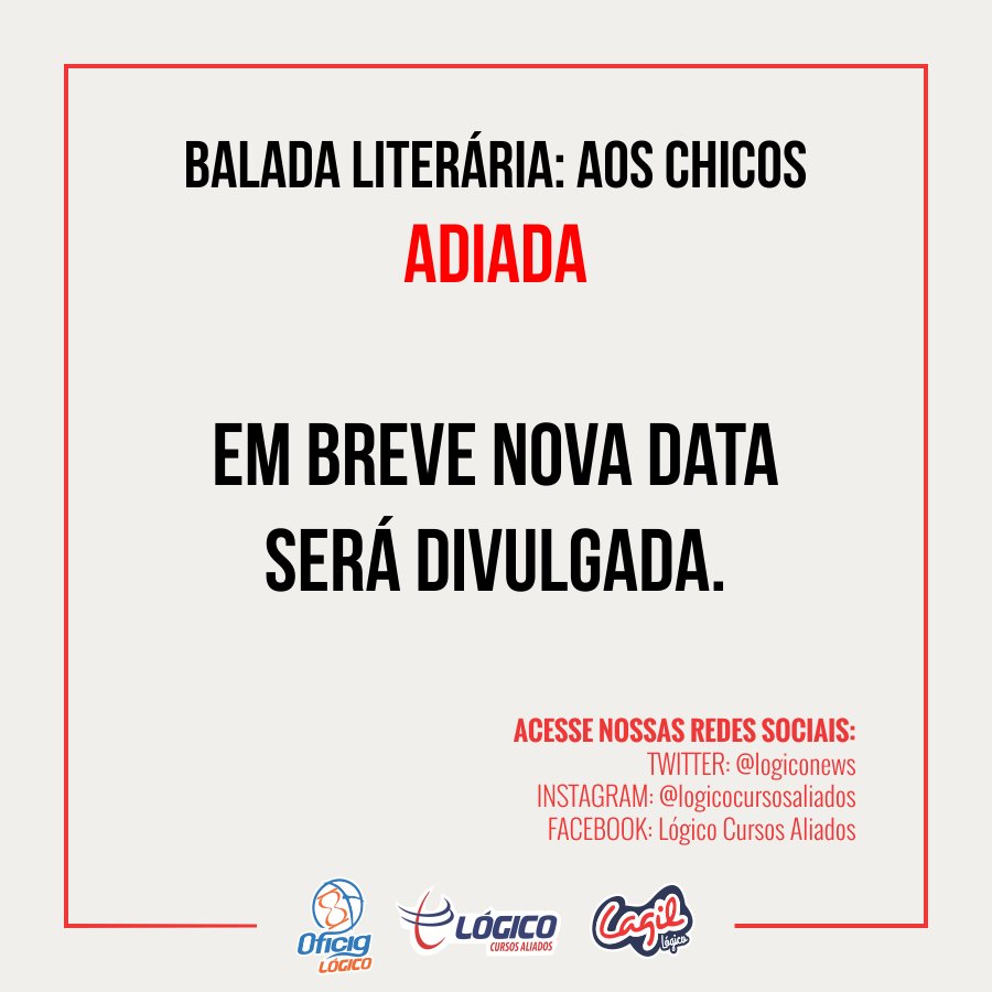 Atenção, galera! A Balada Literária, que aconteceria amanhã (25), foi adiada. Fiquem atentos, que em breve divulgaremos uma nova data. :D