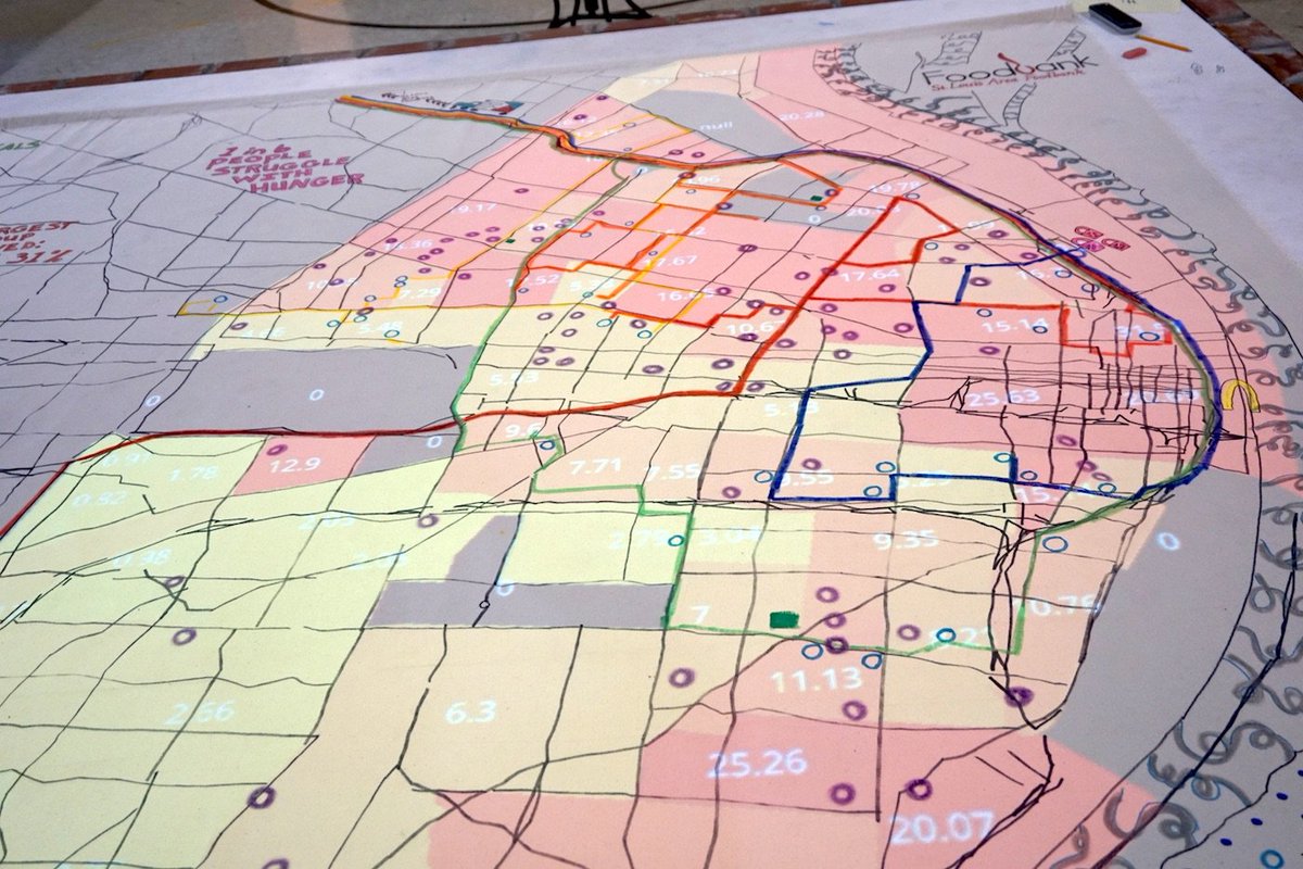 STLMapRoom's tweet photo. 1 in 6 people struggle with hunger: Detailed & important map made at the Map Room yesterday by @STLFoodBank #STLMapRoom https://t.co/713QOC8qk1