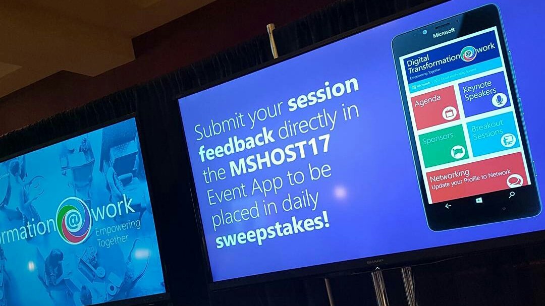 RomaFurther's tweet photo. Be sure to submit your feedback in the app! Daily sweepstakes are over, but feedback on the sessions you attended is appreciated #MSHost17 https://t.co/SlLvdemt9C