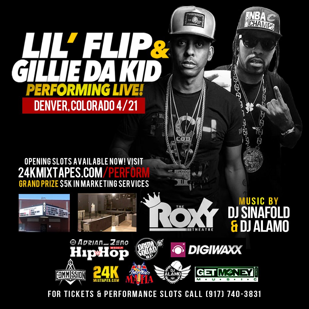 24KMixtapesGA's tweet photo. Want to perform with @LilFlip713 and @GillieDaKid in #Denver 4/21??? Submit your song now click here >> https://t.co/u6mGzJNUCX RT https://t.co/Ql0EgKyZq9