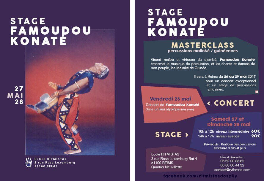 #masterclass de Famoudou #Konaté à l'#ecoleritmistas 27 et 28/05. Inscrivez-vous vite!

Et le 26/05, #concert de #famoudou au #SalonDegerman