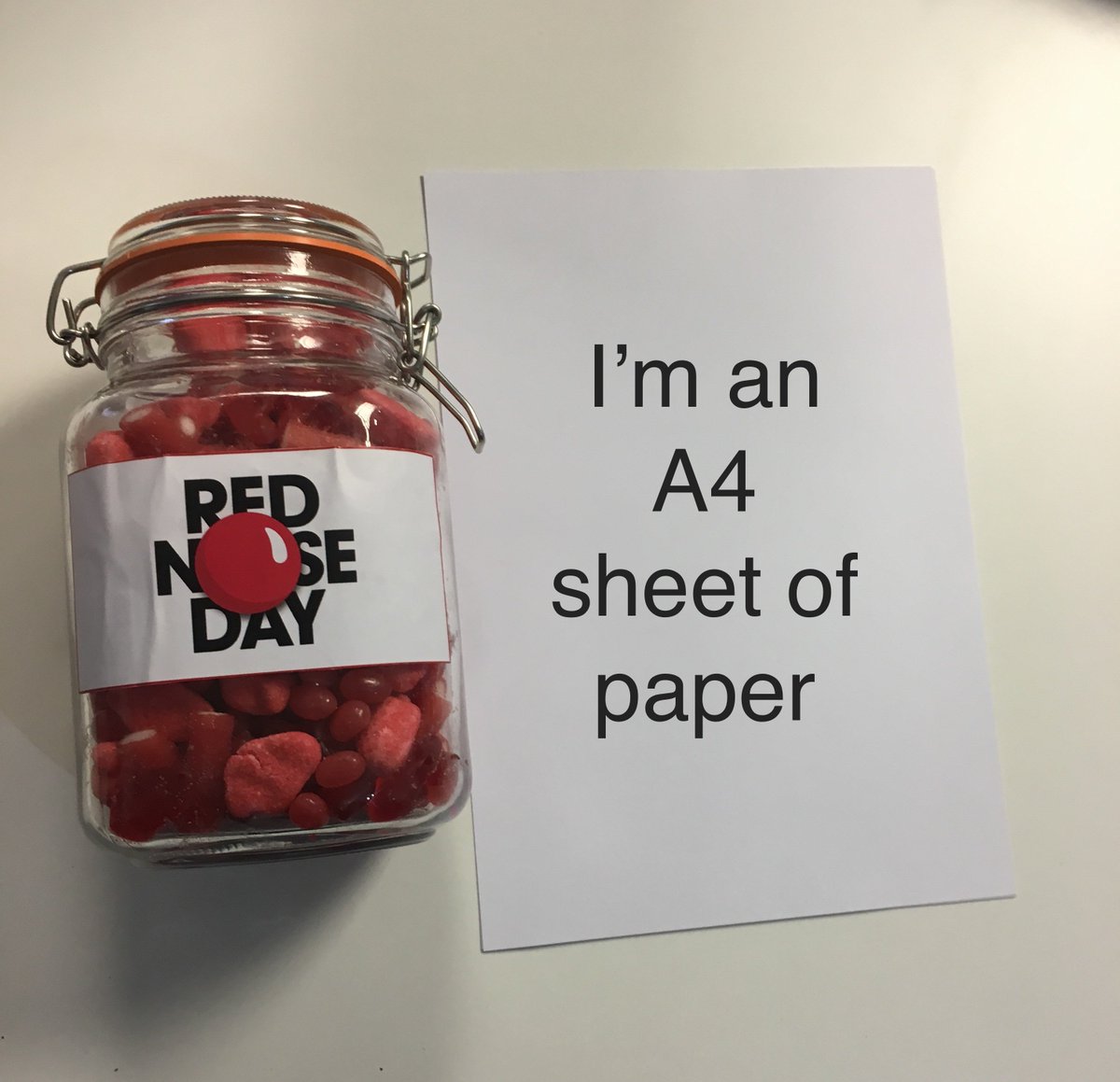 matrixtheagency's tweet photo. Not long until we announce the winner of our #RedNoseDay comp.. Here's another pic for size reference.. Keep guessing guys! #howmanysweets https://t.co/jYSybcrlJk