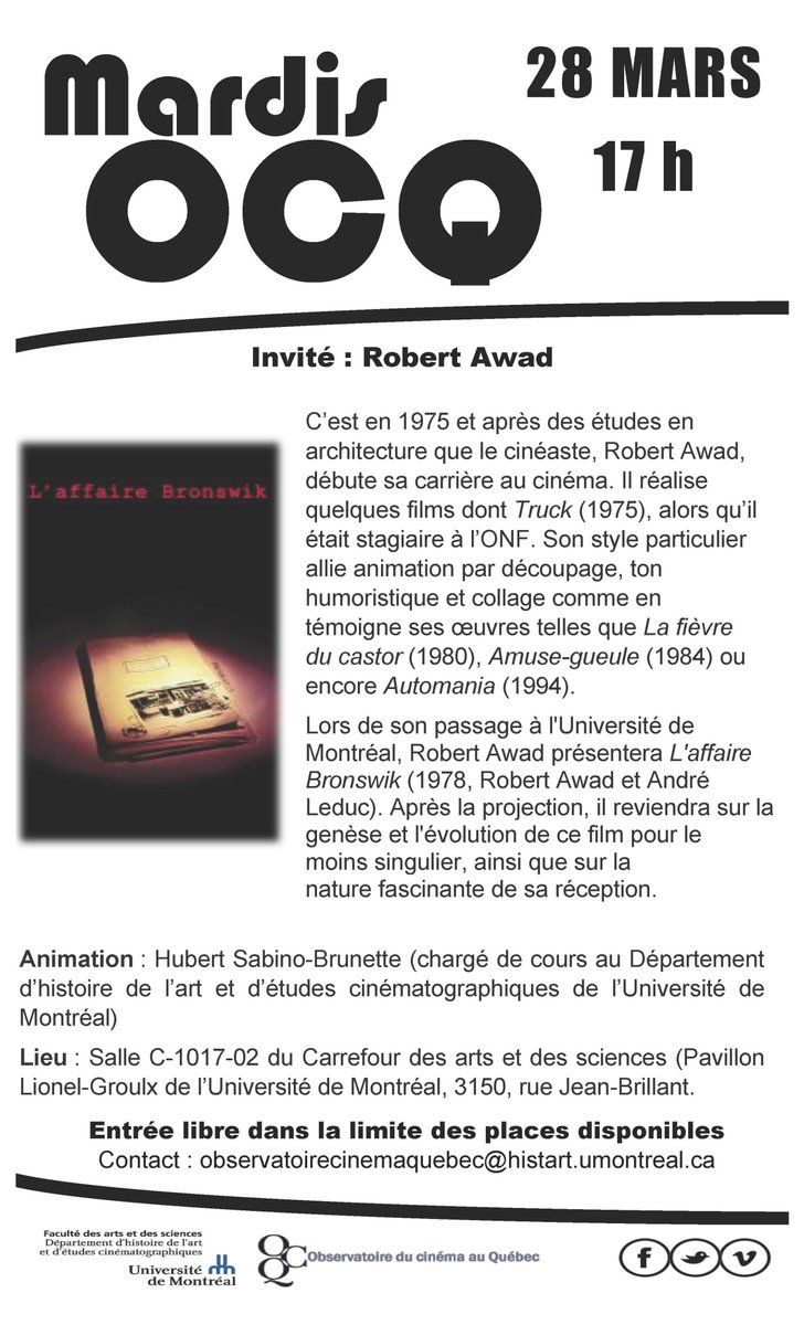 OCQ_cinema's tweet image. Le cinéaste Robert Awad est le prochain invité des Mardis OCQ. Il présentera son film L'affaire #Bronswik (1978, Robert Awad et André Leduc)