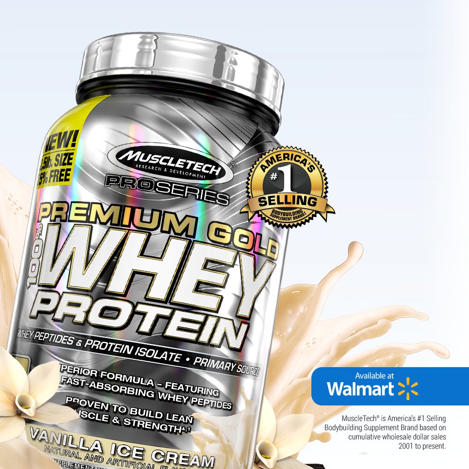 MuscleTech's tweet photo. You can trust Premium Gold 100% Whey Protein to be a delicious whey protein isolate and peptide formula that fits your macros! @walmart https://t.co/UA8SRIkUiV