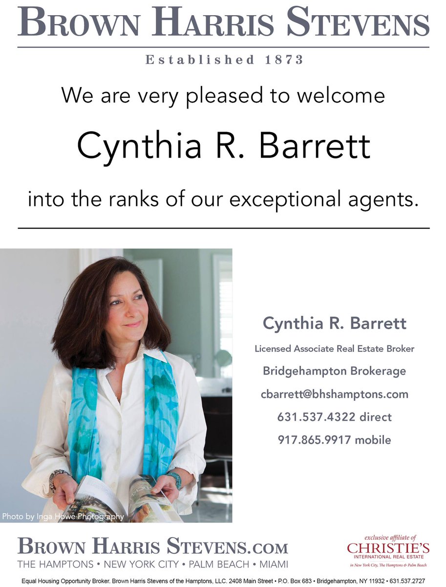 bhshamptons's tweet photo. Brown Harris Stevens is pleased to welcome Cynthia Barrett @cynthiahamptons     into the ranks of our exceptional agents. @Established1873 https://t.co/q6h96f1lcw