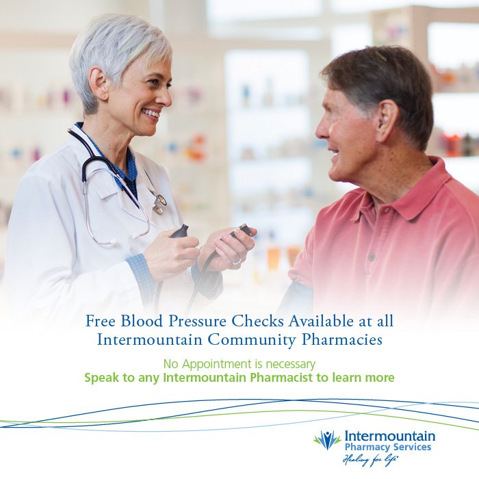 Intermountain's tweet photo. Stop by an Intermountain Community Pharmacy for a free blood pressure check, no appointment necessary!

#utah #intermountain #bloodpressure https://t.co/MPmer7k24N