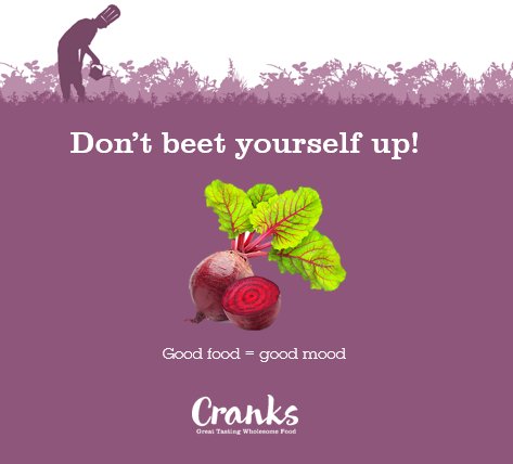 CranksFood's tweet photo. Don't beet yourselves up, it's nearly the weekend. Time to eat great food, drink up and be happy. https://t.co/waZb4Ed7ta