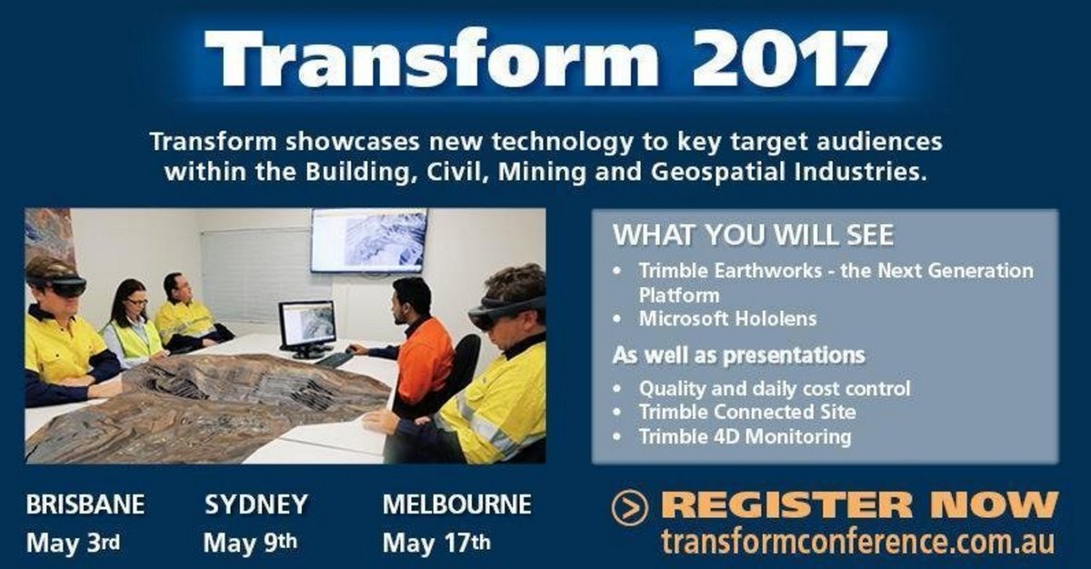 In May, <a href="/TrimbleBuilding/">Trimble Buildings</a>, <a href="/TrimbleCEC/">Trimble CE&C</a> &amp; <a href="/TransformUC/">Transform 2017</a> will #Transform the way Brisbane, Sydney &amp; Melbourne work! bit.ly/2odB74o