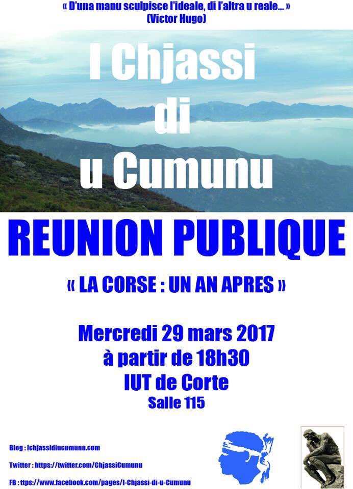 ChjassiCumunu's tweet photo. Reunione publica in CORTI Mercuri 29 di marzu IUT Sala 115 :" #Corsica : Un annu dopu". #chjassi #Dibattitu #Pulitica #nazione https://t.co/6Hf0wJpnQC