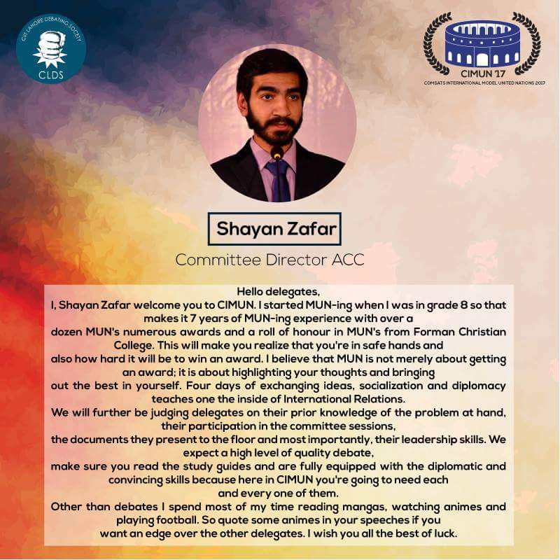 CIMUN_17's tweet photo. Introducing the proficient Committee Directors of ACC,
Shayan Zafar &amp; Nimra Zahid

#CIMUN17 #PrudencePersonified https://t.co/wMCM9YS6Yv