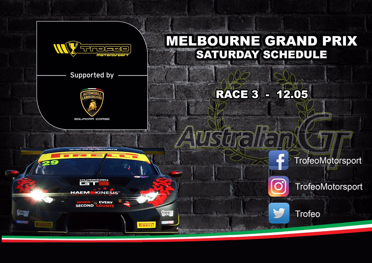 Our #AusGP track schedule for today #Trofeo #Pirelli #AustralianGT #LamborginiSC #Lamborghini  #HuracanGT3 #LiquiMoly #Freem #F1