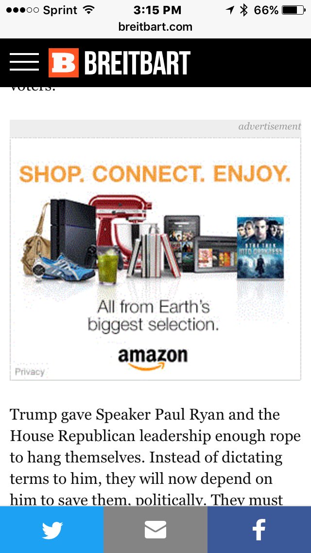 Hudson_Shock's tweet photo. @amazon Please stop supporting white nationalist Breitbart "news" with your ads. Thank you. @slpng_giants https://t.co/tlWoGmh5Ti