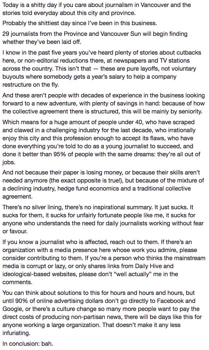 j_mcelroy's tweet image. Today is a shitty day if you care about journalism in Vancouver and the stories told everyday about this city and province.
