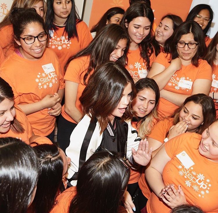 TeamGomez2014's tweet photo. "Girl power. That feeling when @SelenaGomez shows up at your school. #CoachXStepUp #DreamBig #CoachFoundation." - Coach on Instagram. https://t.co/upDfz1K5RA