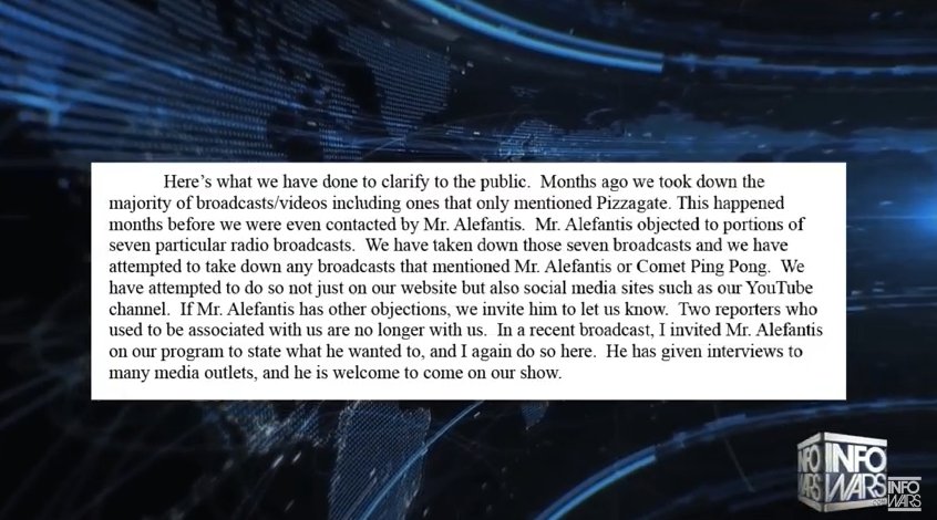 MattGertz's tweet photo. Alex Jones just apologized for his #pizzagate coverage, claiming he was deceived by "third party accounts" &amp; the MSM https://t.co/P70cftWZWv https://t.co/DRlSDDzAkl