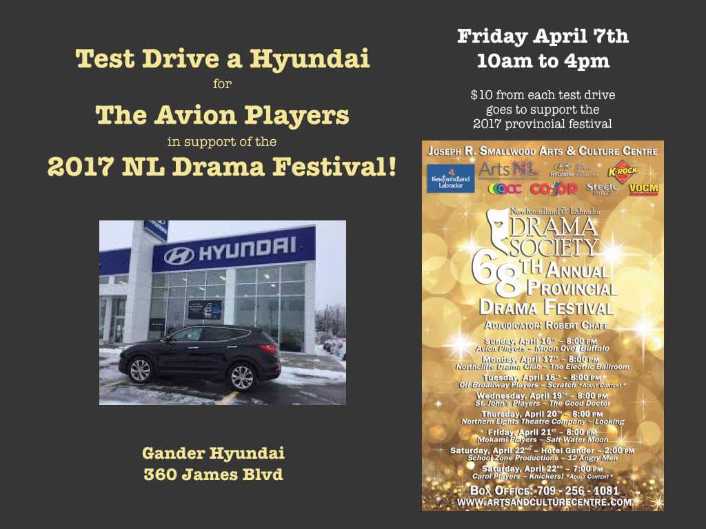2017NLDramaFest's tweet image. Fundraiser time!
Drop in, take a test drive, &amp;amp; help support our Festival! @beaconnl @townofgander @gandercommerce @DestGander @ACCGANDER