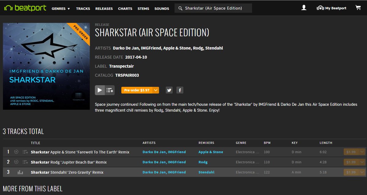 Transpectair's tweet photo. @IMGFriend &amp; @DarkoDeJan 'Sharkstar' #chill remixes by @Rodgmusic @Stendahlmusic @AppleandStone. Preorder now https://t.co/C2OfYDuzb0 https://t.co/INpqHkjv5a