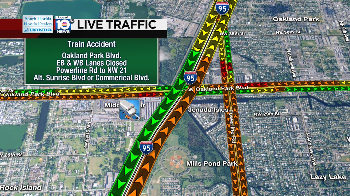 TRAIN ACCIDENT: EB & WB Oakland Pk Blvd. is closed from Powerline Rd to NW 21st Ave as police investigate. #TRAFFIC https://t.co/ceeEJTAKk9