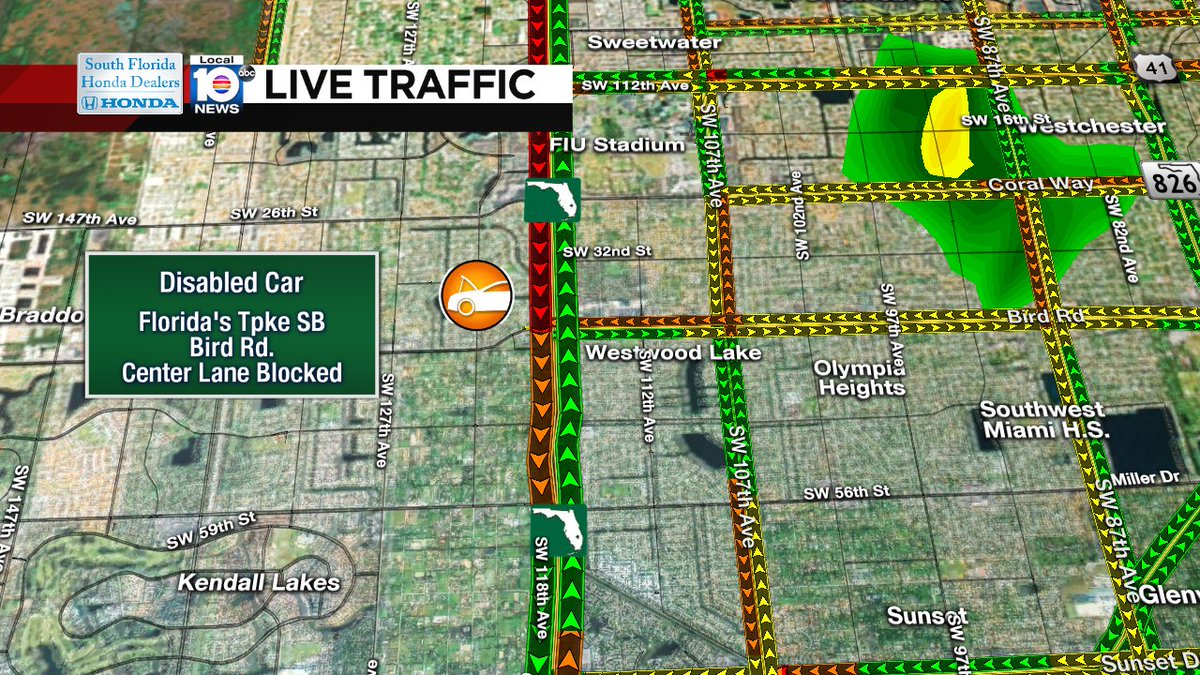 DISABLED CAR: Florida's Tpke SB & Bird Rd. A center lane is blocked. Expect delays. #TRAFFIC #MIAMI https://t.co/Me2qQRL89A