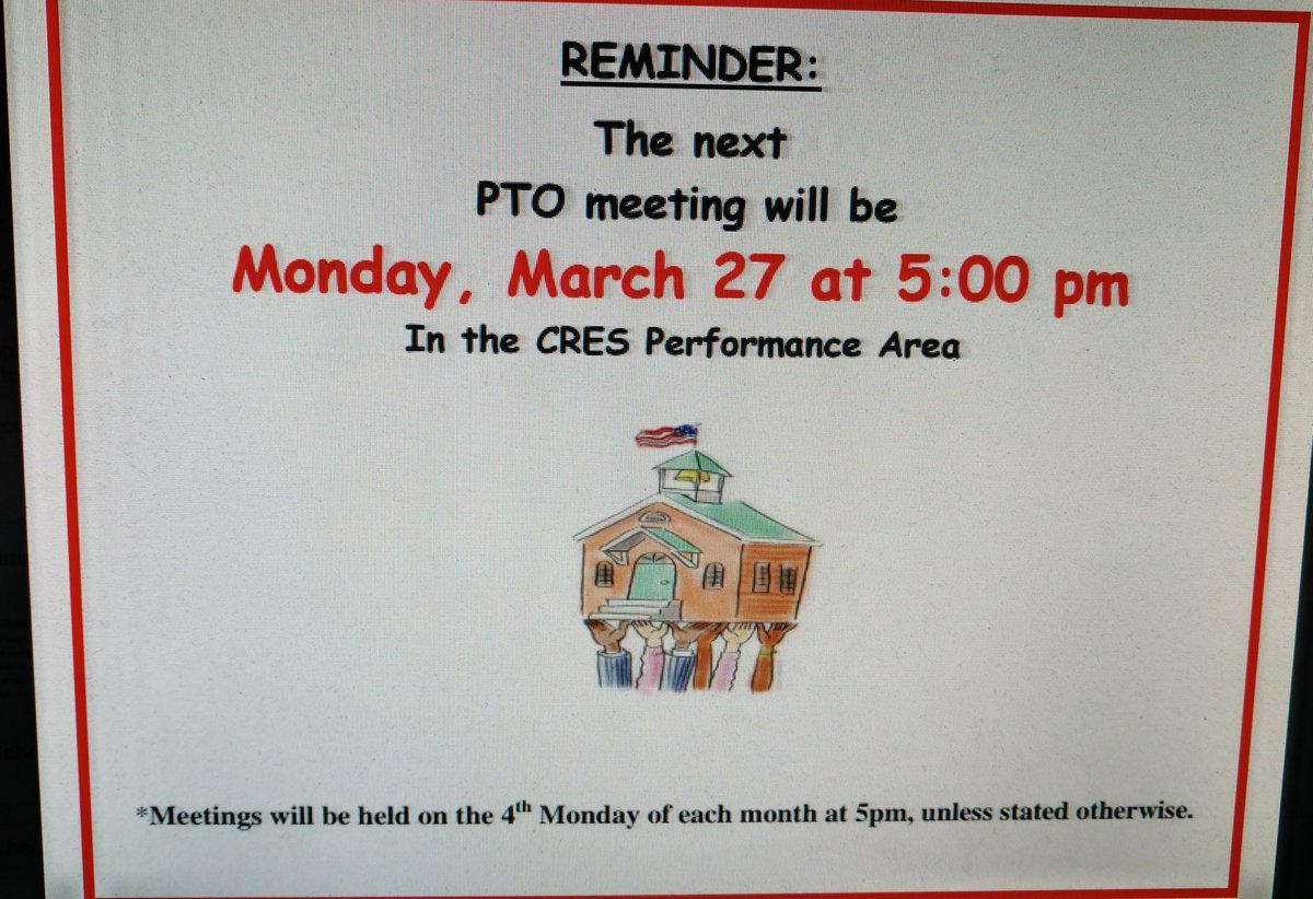 CRES_PTO's tweet image. Come to the CRES PTO meeting on Monday at 5 in the performance area!