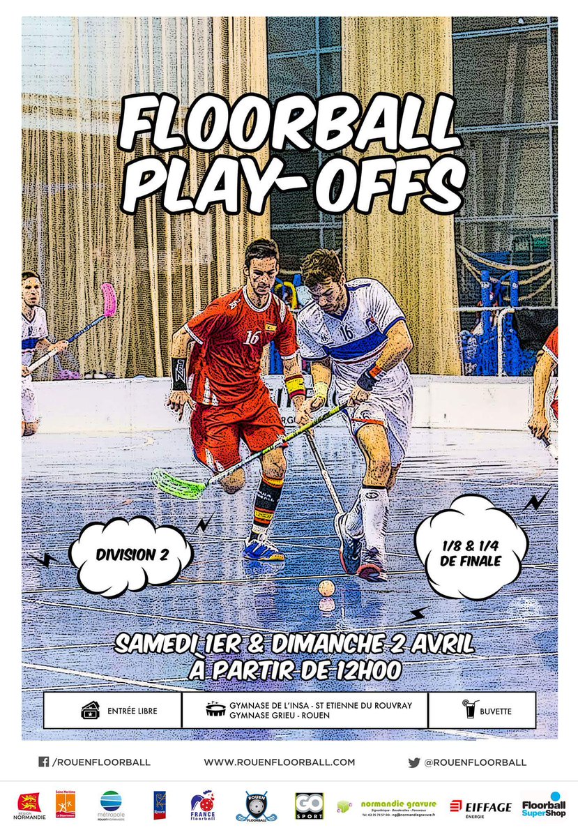 Bonsoir les amis✌
Les 1&amp;2 avril, la (magnifique) ville de <a href="/Rouen/">Ville de Rouen</a> reçoit les Play-off D2 #floorball ! Du coup, on a sortie la belle affiche 😍