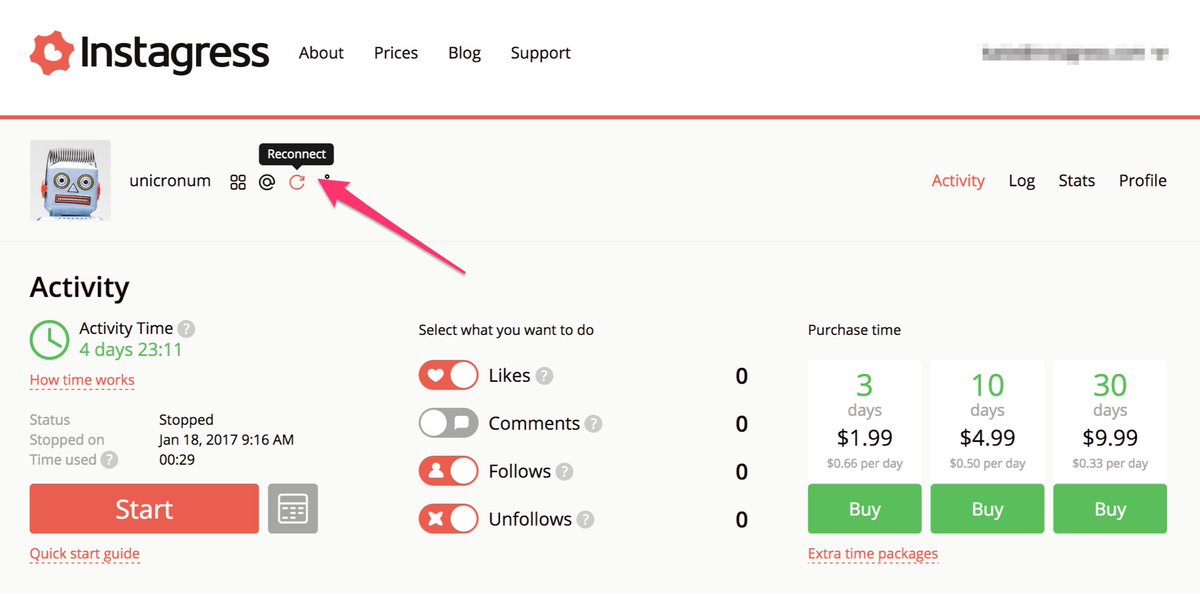 📢 Tip of the day: Click here to reconnect your Instagram account to Instagress after changing your Instagram password.