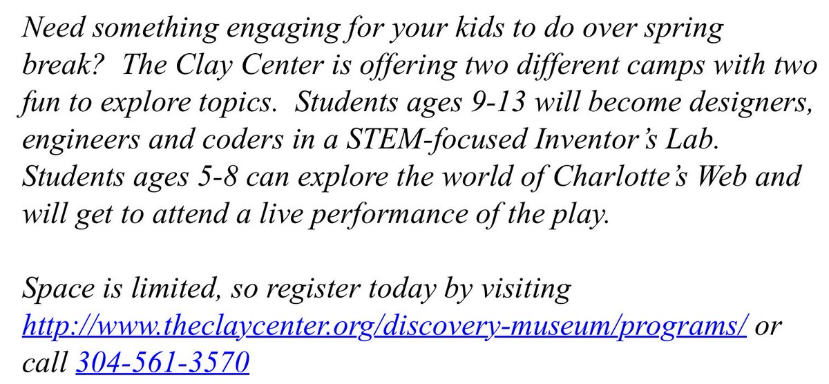 EBMSTheBank's tweet photo. Hey Pioneers!  Need something to do on Spring Break?  Check this out from the Clay Center! https://t.co/oREpF0O0HK