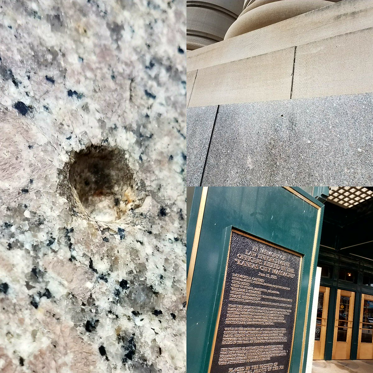 outpostkc's tweet photo. Remnants of the 1933 #KansasCity Massacre at Union @UnionStationKC. Charles "Pretty Boy" Floyd and 3 others killed 4 policeman. #KC https://t.co/Iffm00AXXi