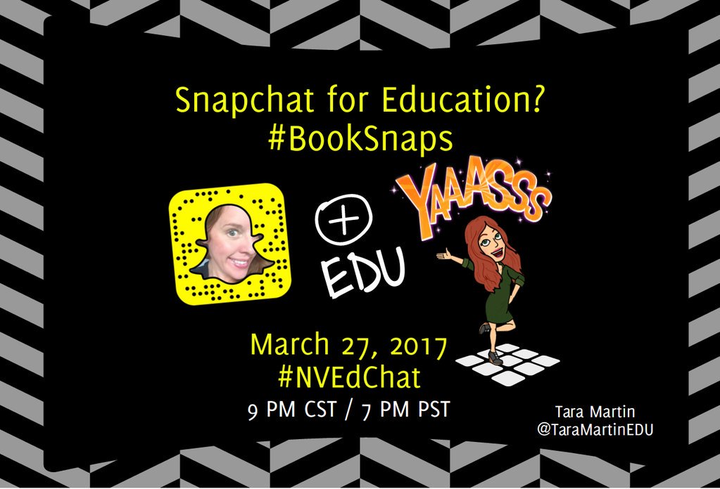 Join us on Monday 3/27 as <a href="/TaraMartinEDU/">Tara M Martin</a> moderates #NVedchat on <a href="/Snapchat/">Snapchat</a> for Education. See you at 9pm CST or 7pm PST. #BookSnaps