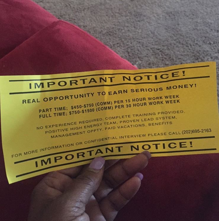 NiaraSterling's tweet photo. D.C. This is a fake job employment ad that's being passed out to young women as a ploy to get them alone. Spread the word!!! https://t.co/gZcNVVkz7K