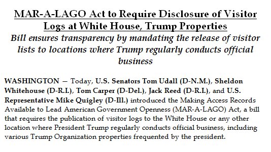 kylegriffin1's tweet photo. Bill. Of. The. Year.
 
Senate Dems introduce the MAR-A-LAGO Act: Making Access Records Available to Lead American Government Openness. https://t.co/aoLlz7mxgr