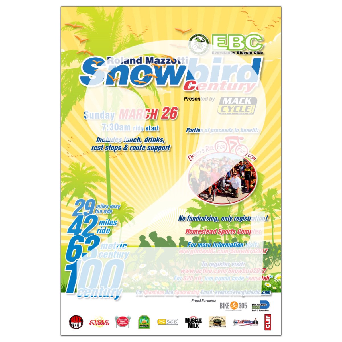 2 Days until the main event. Packet pick-up Saturday 3/25 from 12n-5pm at <a href="/MackCycleMiami/">Mack Cycle & Fitness</a>   evergladesbc.com/snowbird-centu… #RideEBC #MACKCycle
