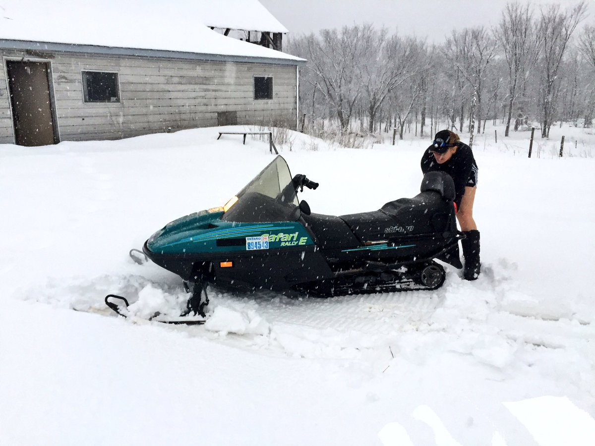 frmgrlnancy's tweet photo. What does a farm girl do when it snows on March 24th!!! Fix the pull cord on the sled, get her running and hit the trails!!! #frmgrlfun https://t.co/AJlqGfgQm5