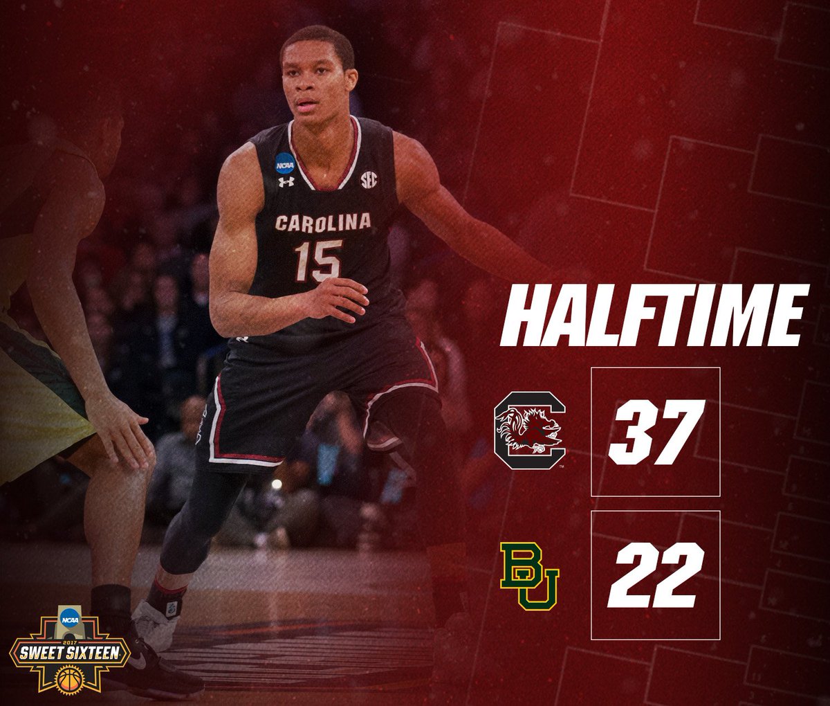 GamecockMBB's tweet image. HALFTIME! #Gamecocks take a 37-22 lead over Baylor into the half. Shot 48.0%, held the Bears to 25.0%. Let's keep it going second half!!