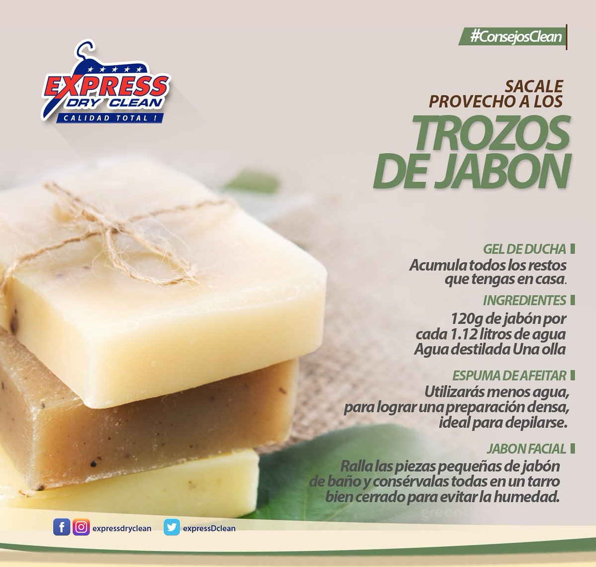 ExpressDClean's tweet photo. Sácale provecho a los trozos de #Jabón. #ConsejosClean
#SomosLavanderia #CalidadTotal
Source: https://t.co/vZjElawkEP https://t.co/paUvGYbkT5