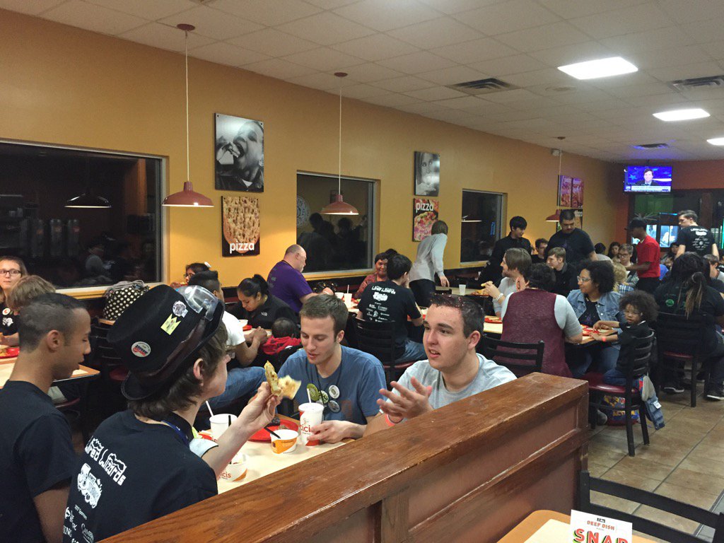 BrunswickCoSTEM's tweet photo. Phenix, Wired Wizards and Robonauts bonding over dinner. Southeastern North Carolina Robotics Hub. https://t.co/TyDr8uYpPC