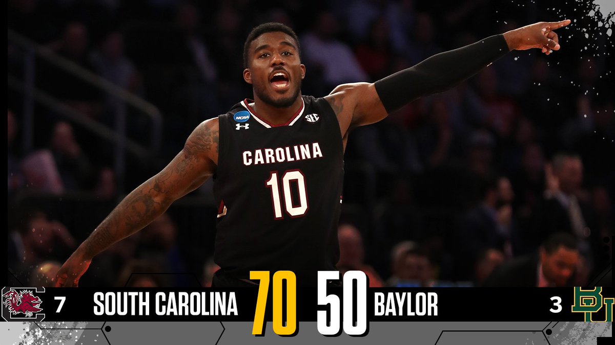 espn's tweet photo. Remarkable!

In its first Sweet 16 game ever, 7-seed South Carolina crushes 3-seed Baylor and moves on to its first Elite 8 ever. https://t.co/VlsfJncMIE
